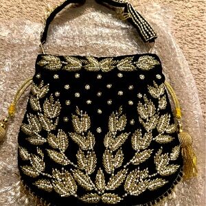 Women Indian saree clutch potli bag embroidered black velvet